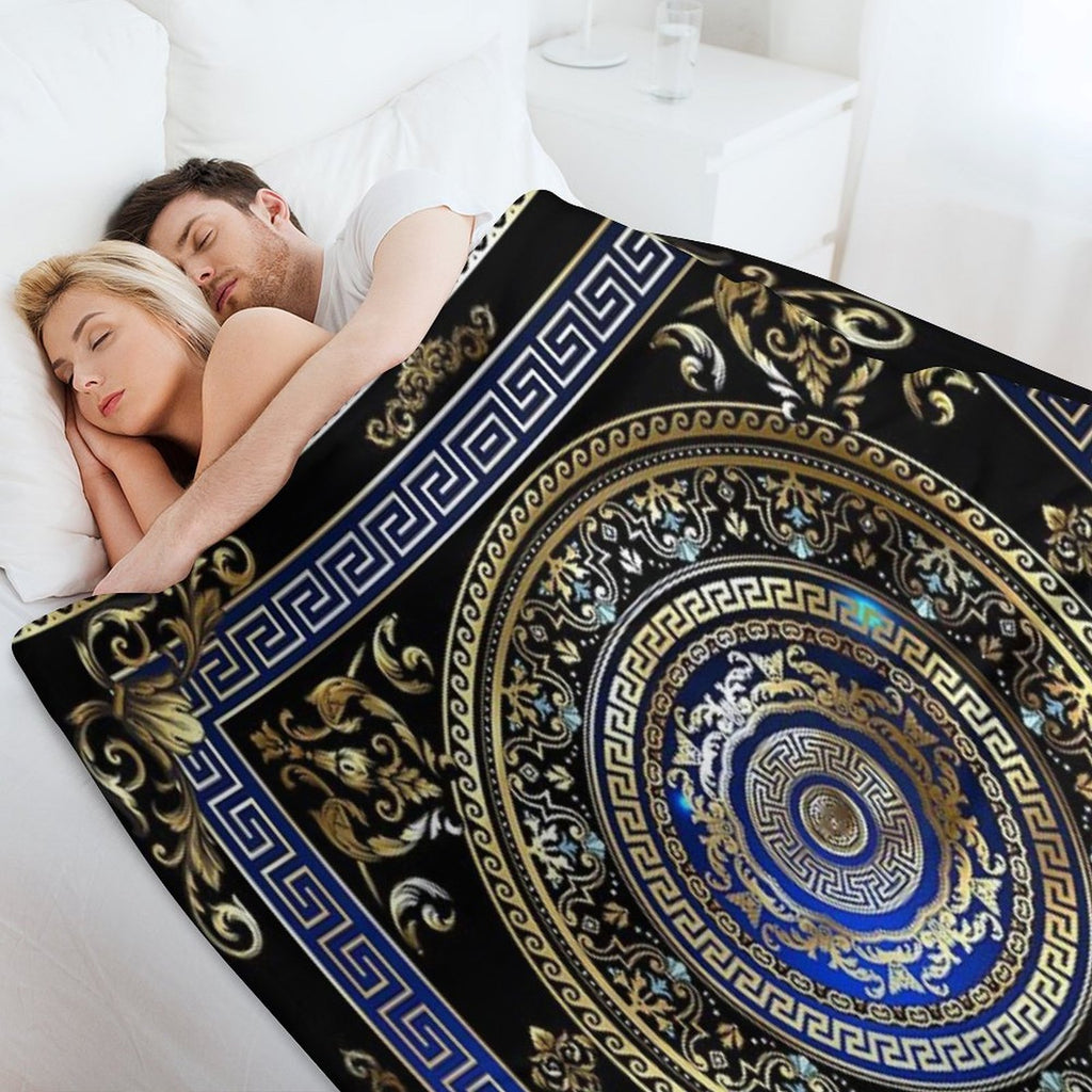 Greek Key Meander Black Blue Gold Ornate Medallion Easy Care Throw Blanket