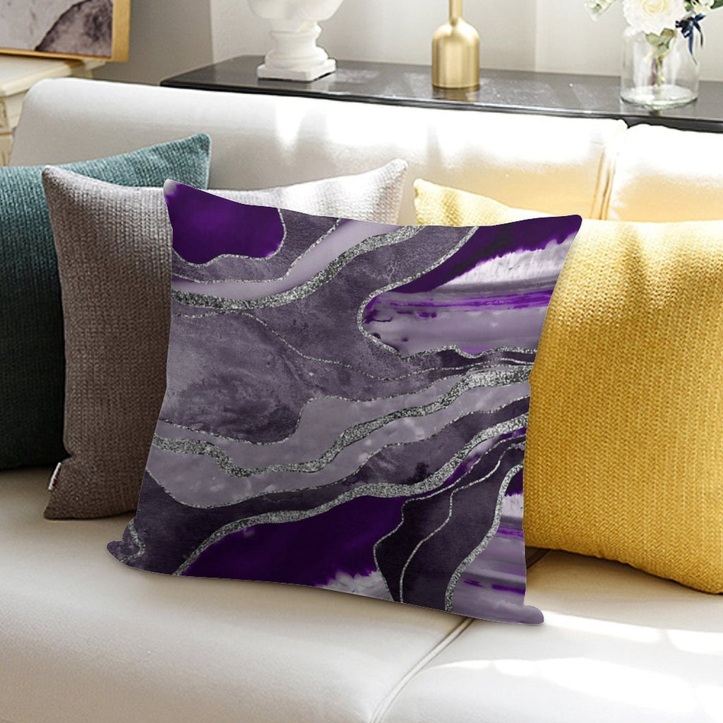 Dark Violet Marble Agate Silver Glam #1 (Photo of Glitter Only - Not Reflective) Soft Short Plush Fabric Throw Pillow