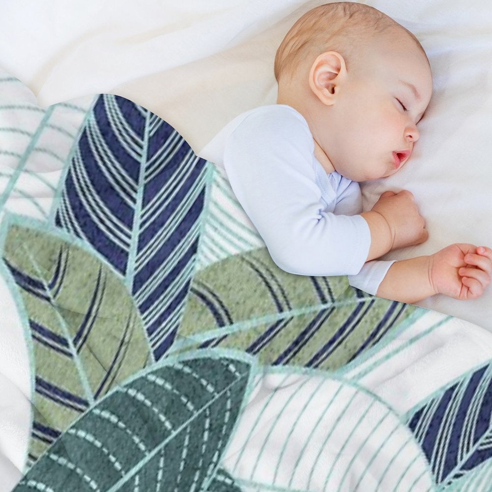 Leaf Wall  Navy Blue Pine And Sage Green Leaves Mint Lines Anti-pilling Throw Blanket