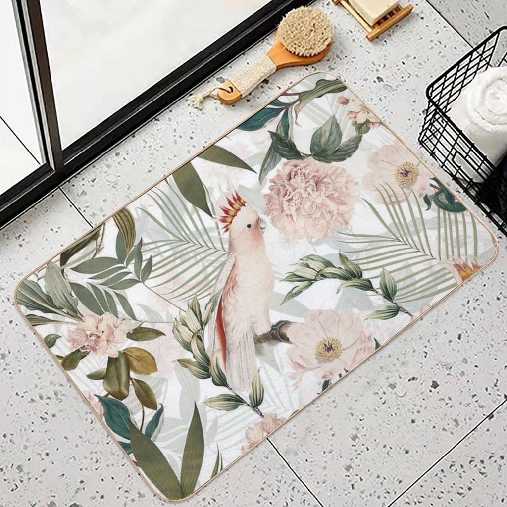 Tropical Cockatoo And Jungle Botanical Garden Pattern - White  Non-Slip Bath Mat