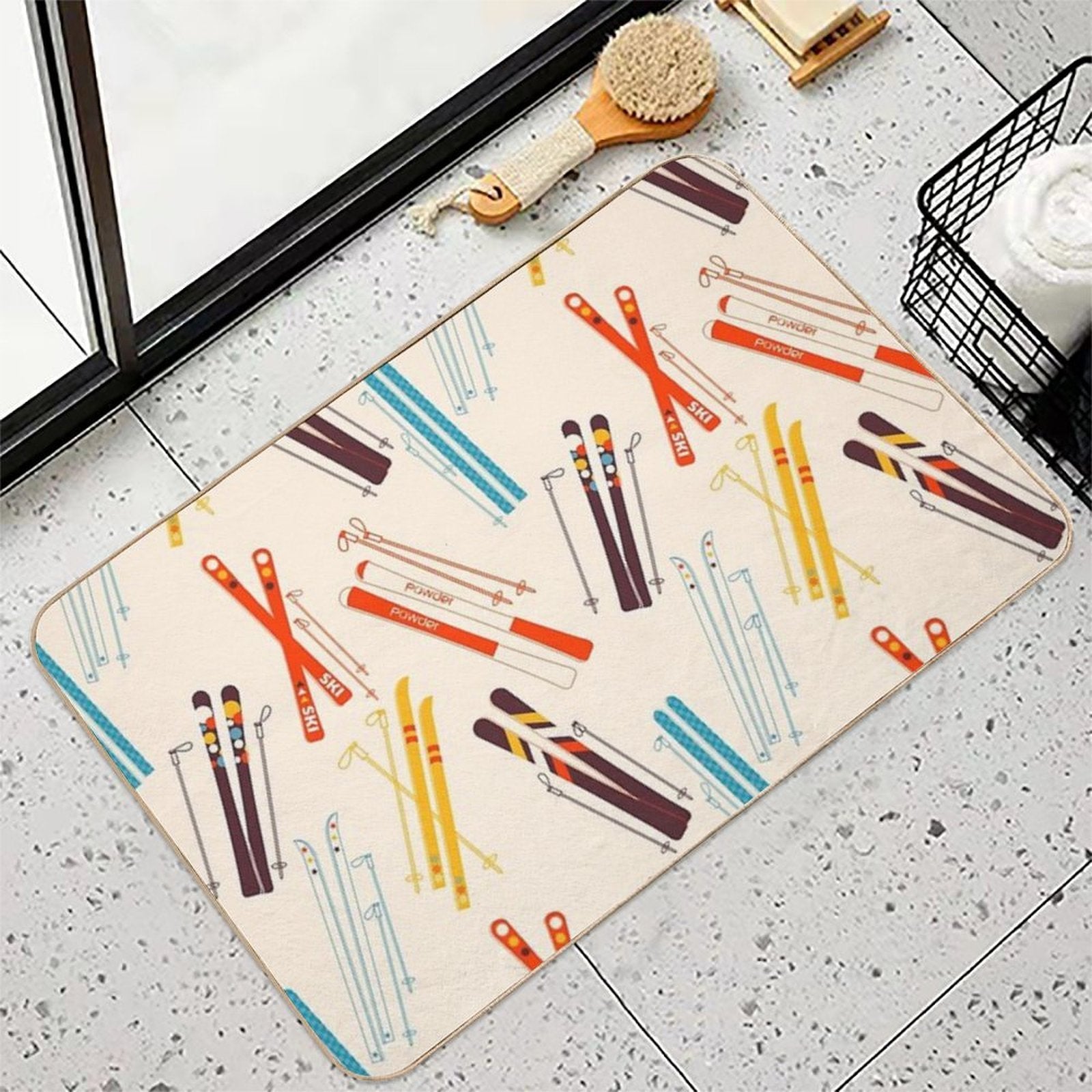 Retro Ski Pattern on Cream  Anti-Trip Bath Mat