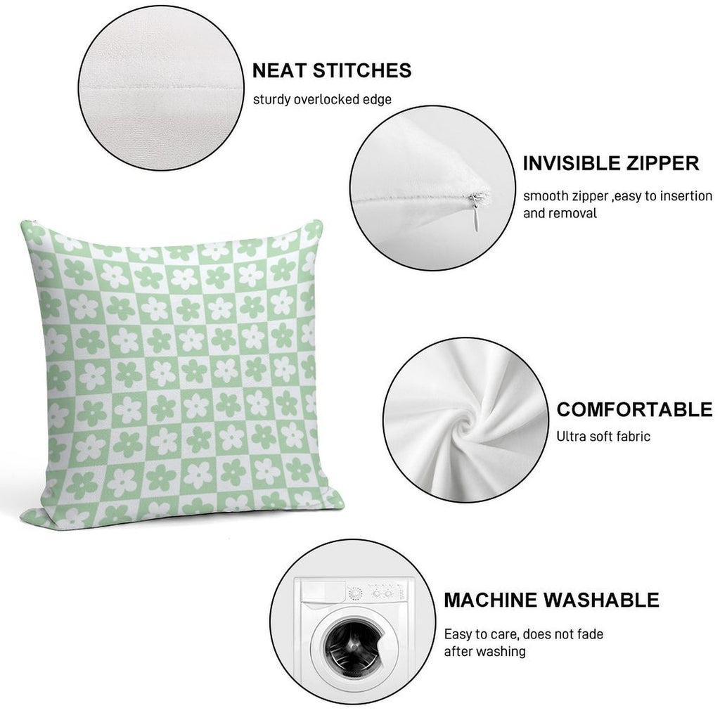 Light Pastel Green And White Checkered Squares with Flowers Soft Short Plush Fabric Throw Pillow