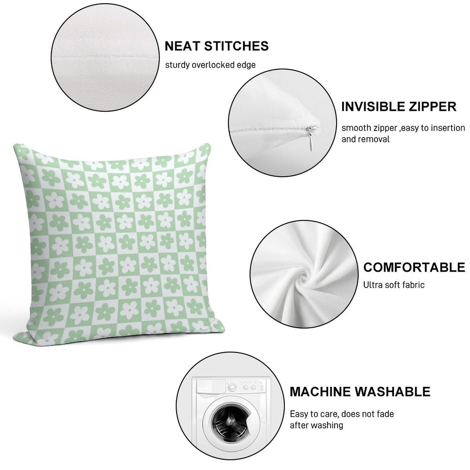 Light Pastel Green And White Checkered Squares with Flowers Soft Short Plush Fabric Throw Pillow