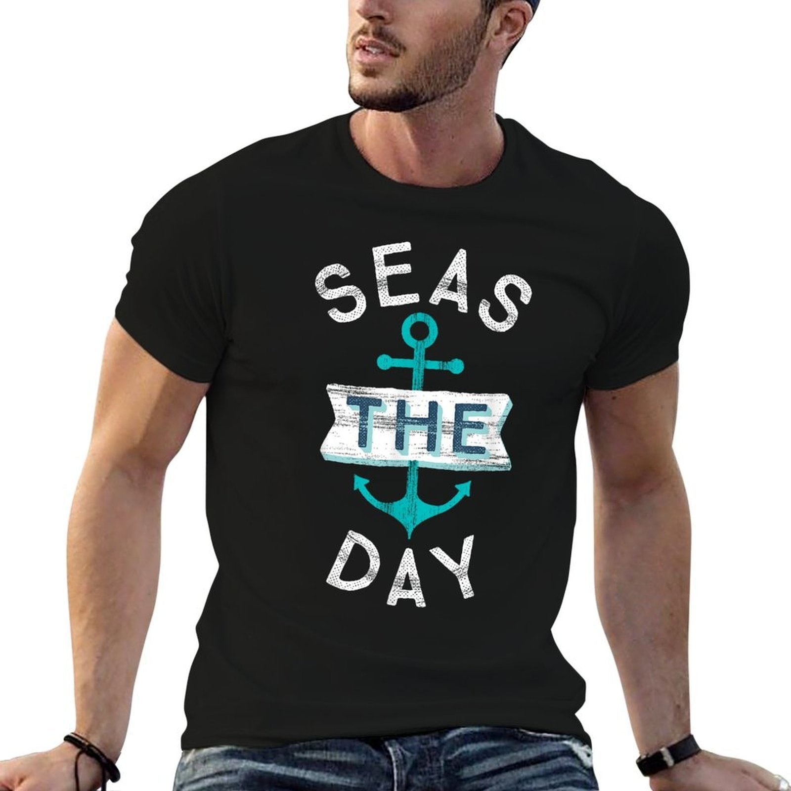 Funny Cruise Saying Seas Day Teal Nautical Anchor Gift  Tagless Design T-Shirt