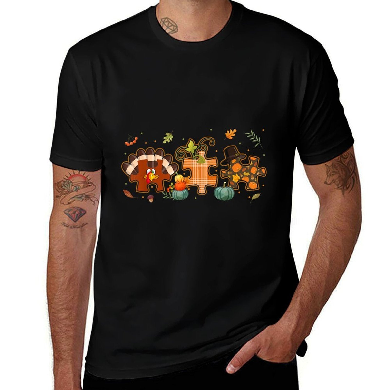 Cute Turkey Autism Awareness Puzzle Pumpkin Thanksgiving Day  Trendy Pattern T-Shirt