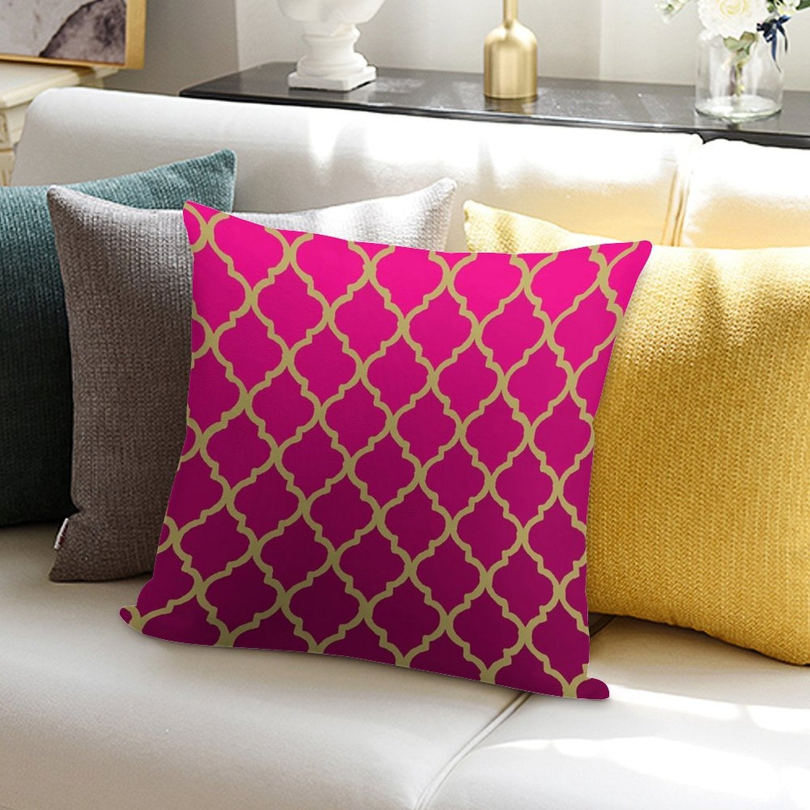 Moroccan Pattern - Pink & Gold Soft Reinforced Edging Throw Pillow