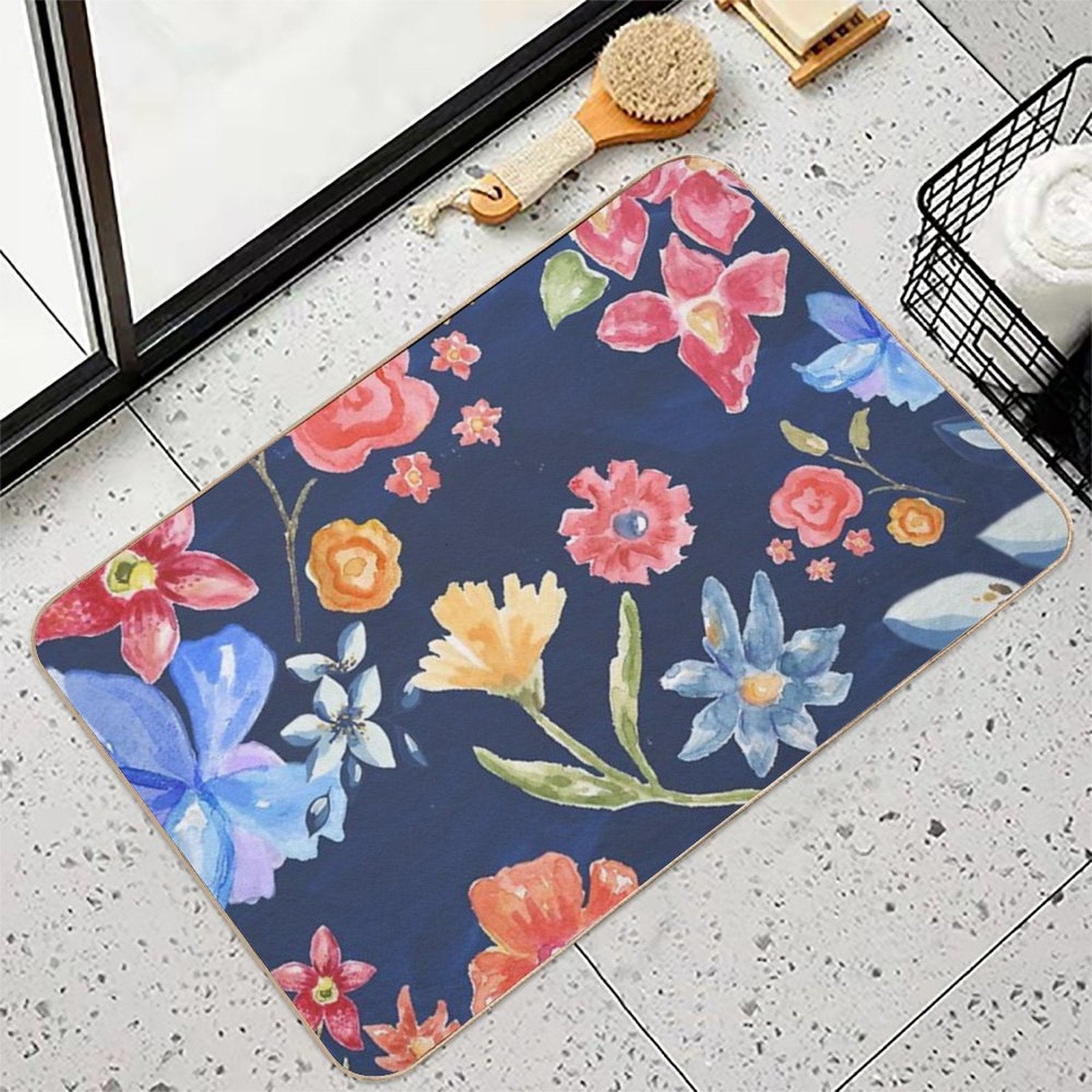 Navy Blue with Colorful Flowers  Whimsical  Fun  Floral Design  Repositionable Bath Mat