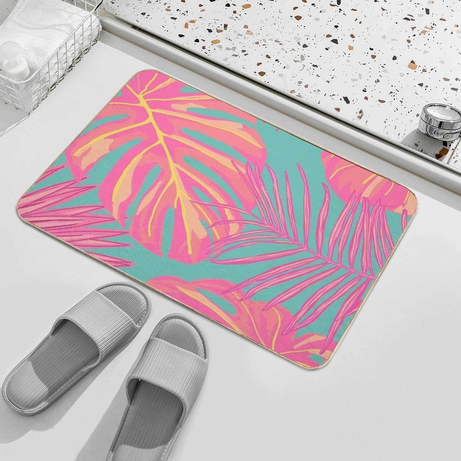 Tropical Leaves in Pink And Turquoise  High-Traffic Bath Mat