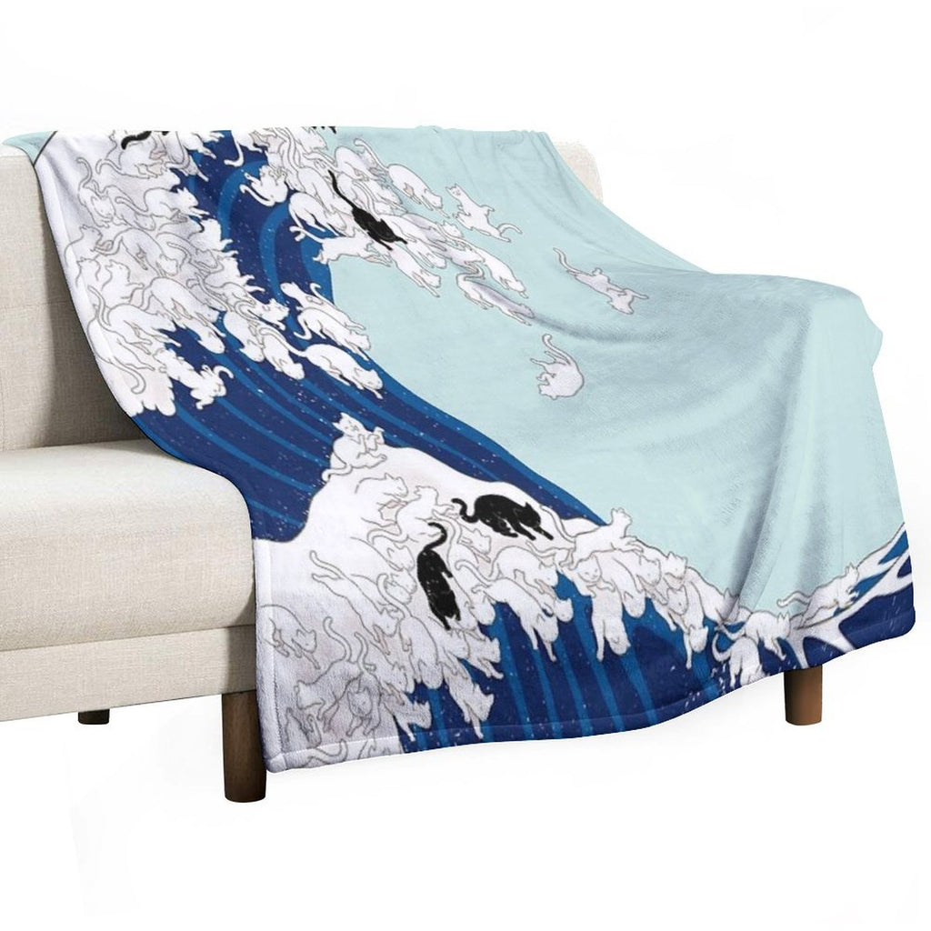 Cats The Great Wave in Blue Art Print Eco-conscious Throw Blanket