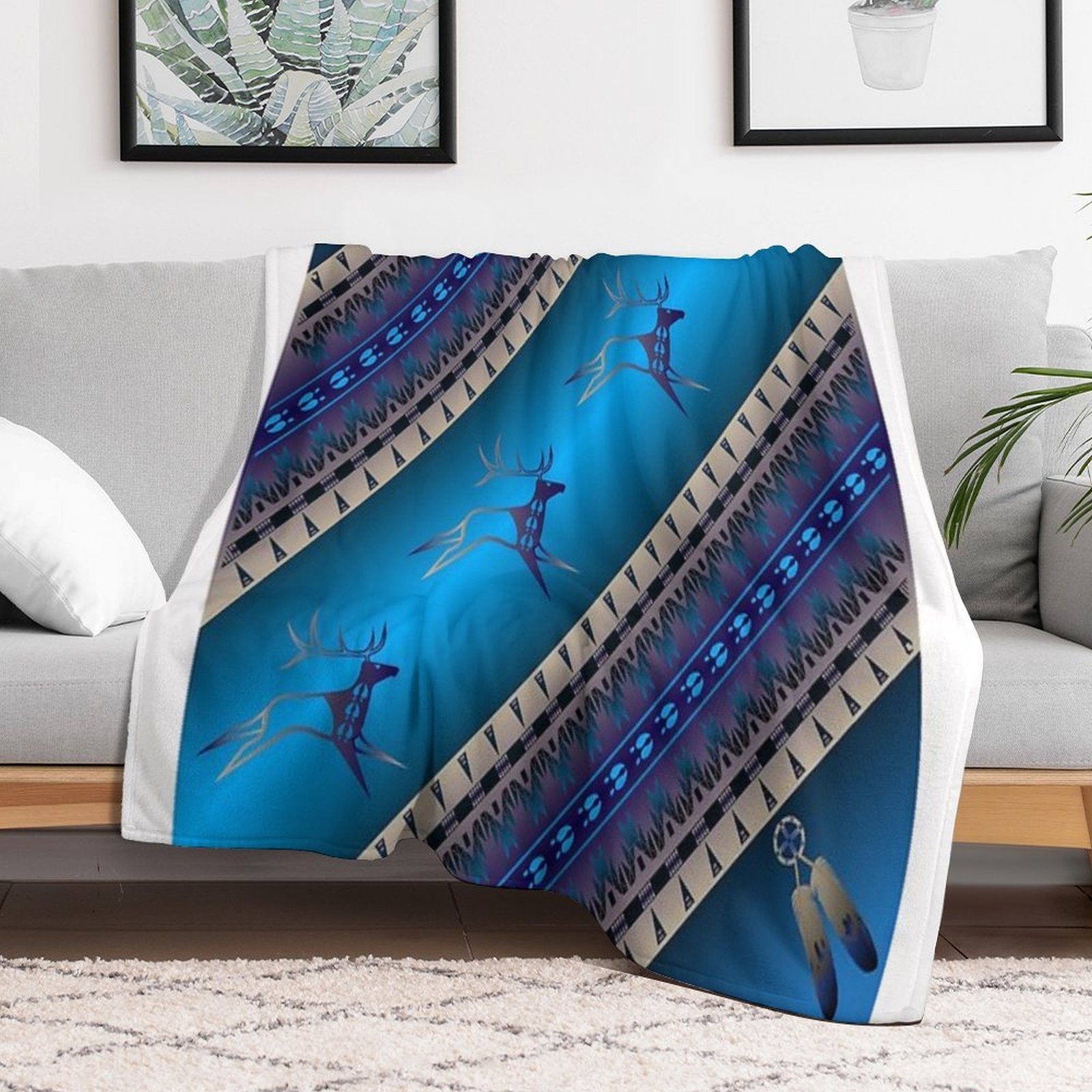 Elk Spirit (Blue) Plush Throw Blanket