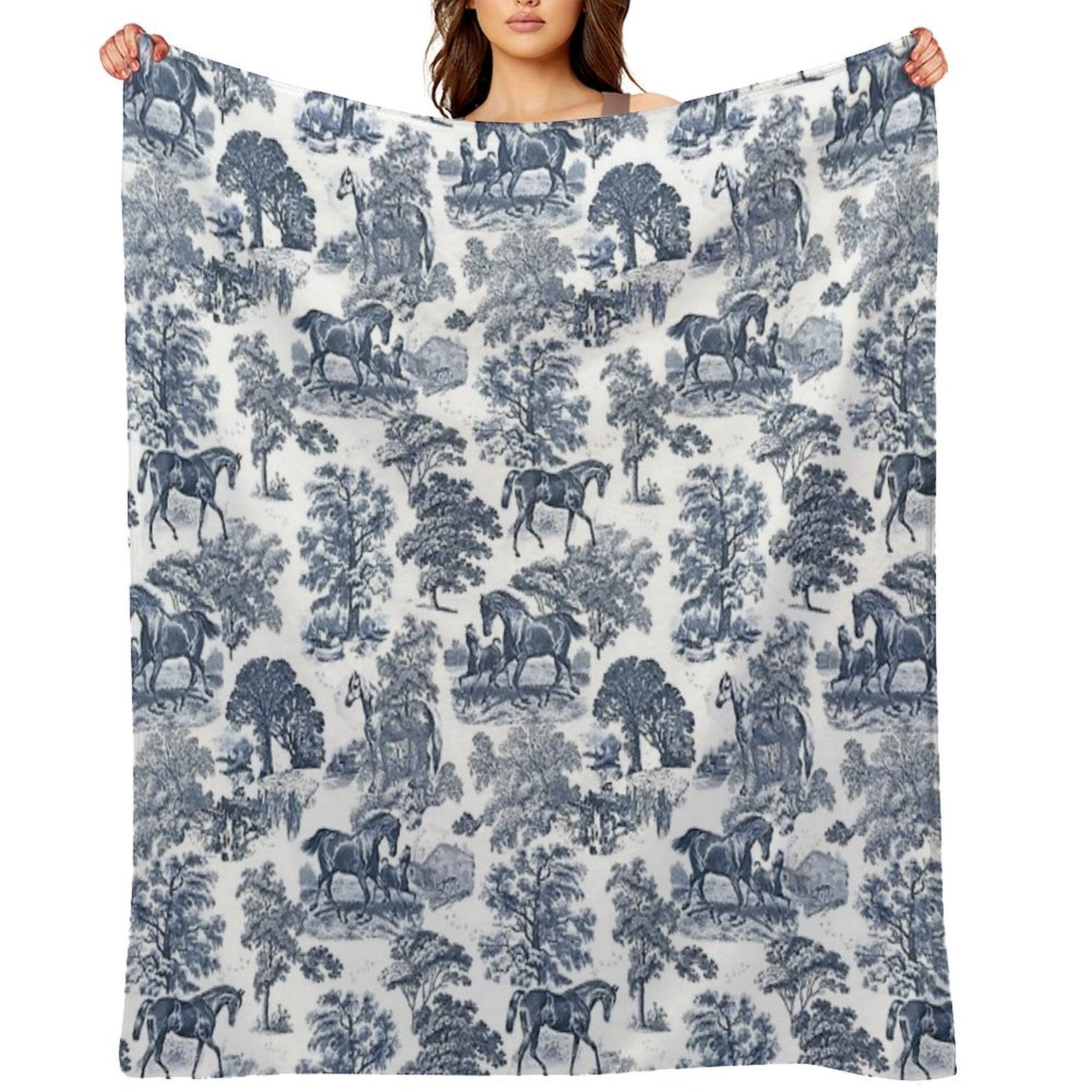 Elegant Vintage Chic Blue Toile Horses Pattern Versatility Throw Blanket