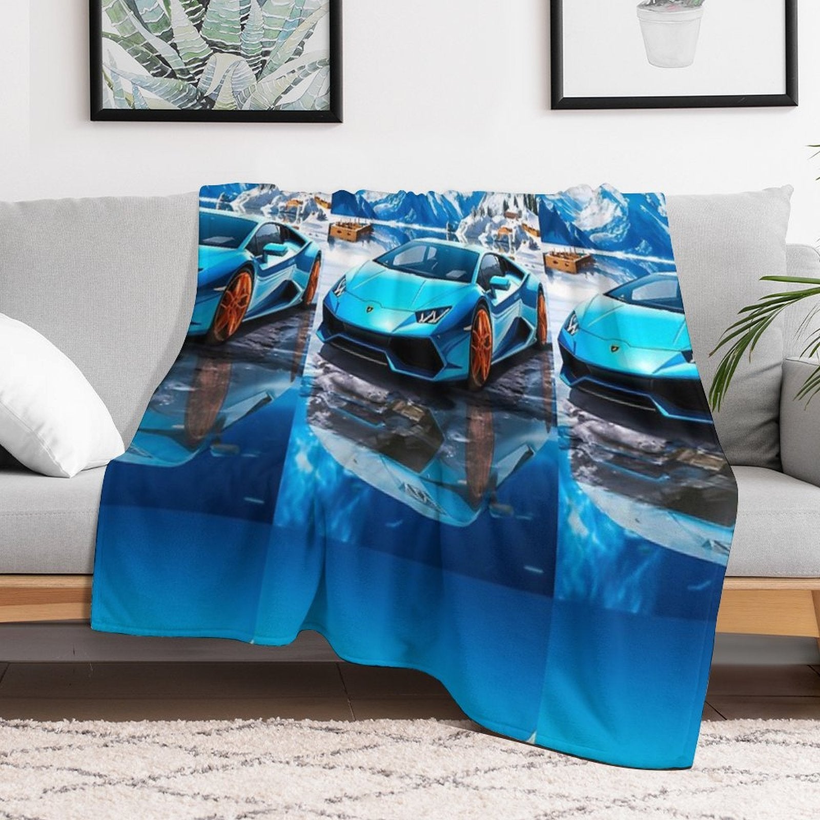 Blue Lamborghini Huracan, Icy Majesty Supercar, Sports Car On Snowy Alpine Backdrop, High Octane Wall Art Machine-washable Throw Blanket