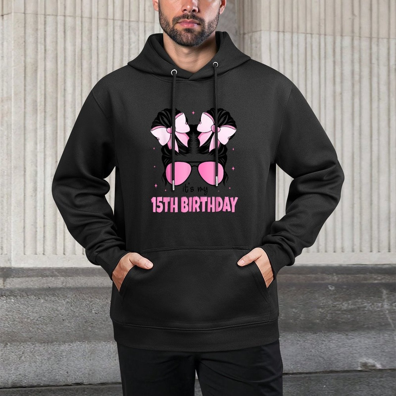 It's My 15th Birthday 15 Years Old Girls Bday Messy Bun Bow Kangaroo Pocket Hoodie