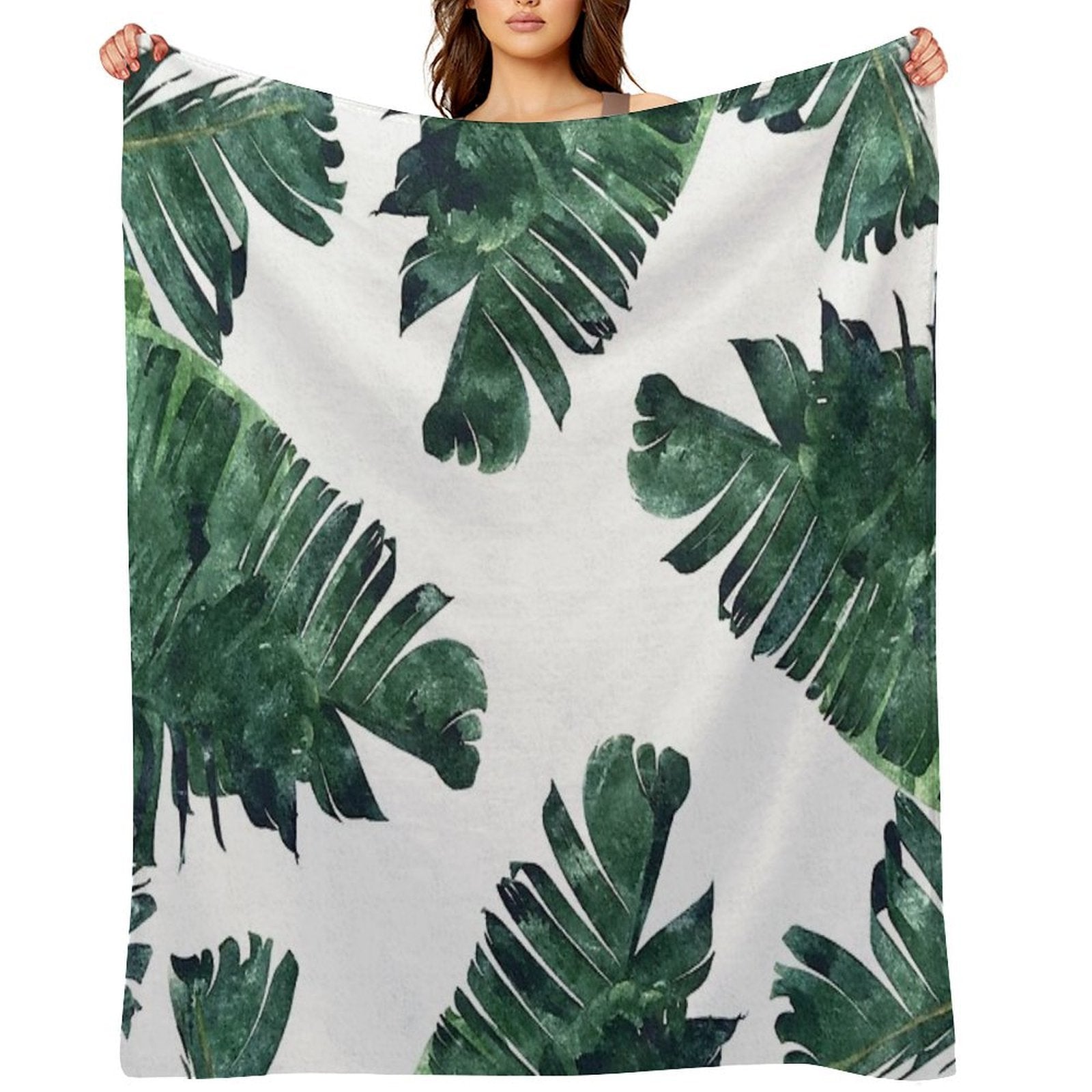 Banana Leaves Watercolor Painting, Tropical Botanical Jungle Nature Minimal Vibrant Modern Bohemian Illustration Shrink-resistant Throw Blanket
