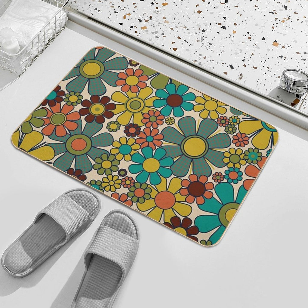 Retro Garden Gingham Flowers 70s Floral Pattern 2 in Mid Century Modern Olive Mustard Teal Orange  Anti-Trip Bath Mat