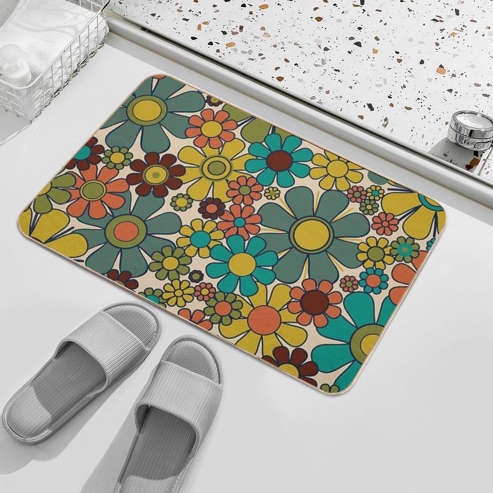 Retro Garden Gingham Flowers 70s Floral Pattern 2 in Mid Century Modern Olive Mustard Teal Orange  Anti-Trip Bath Mat
