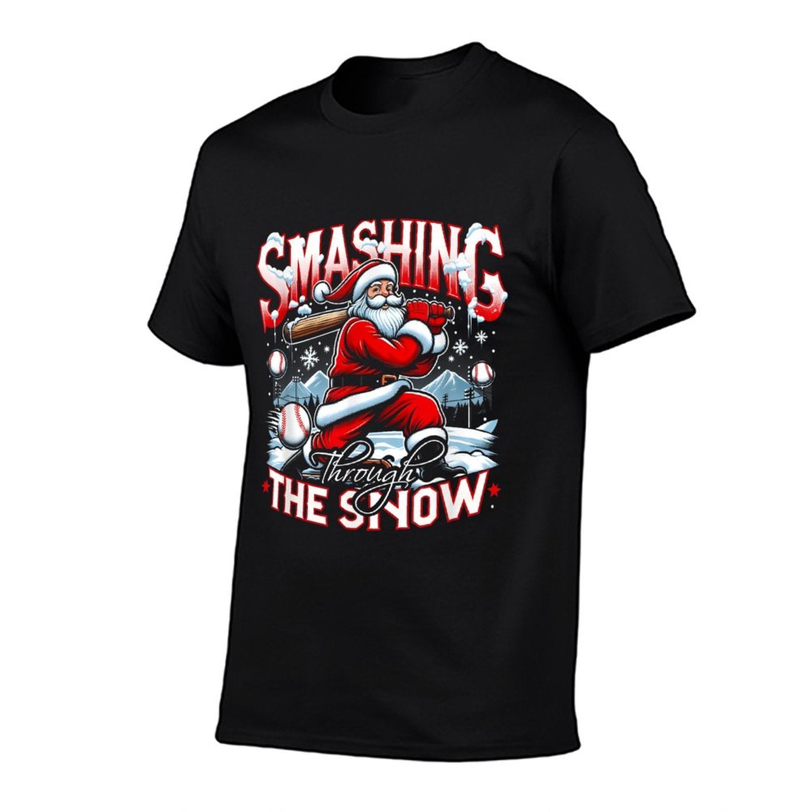 Baseball Player Christmas Santa Smashing Through Snow Comfortable T-Shirt
