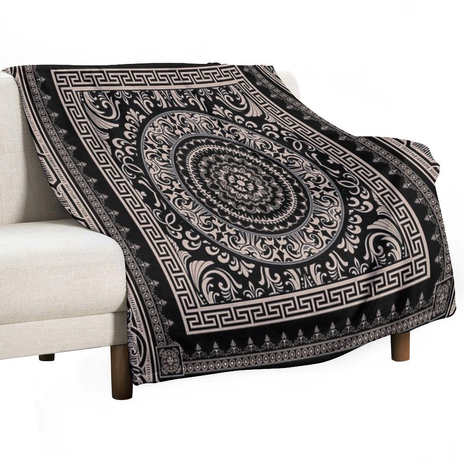 Ornate Baroque Black Khaki Greek Key Travel-friendly Throw Blanket
