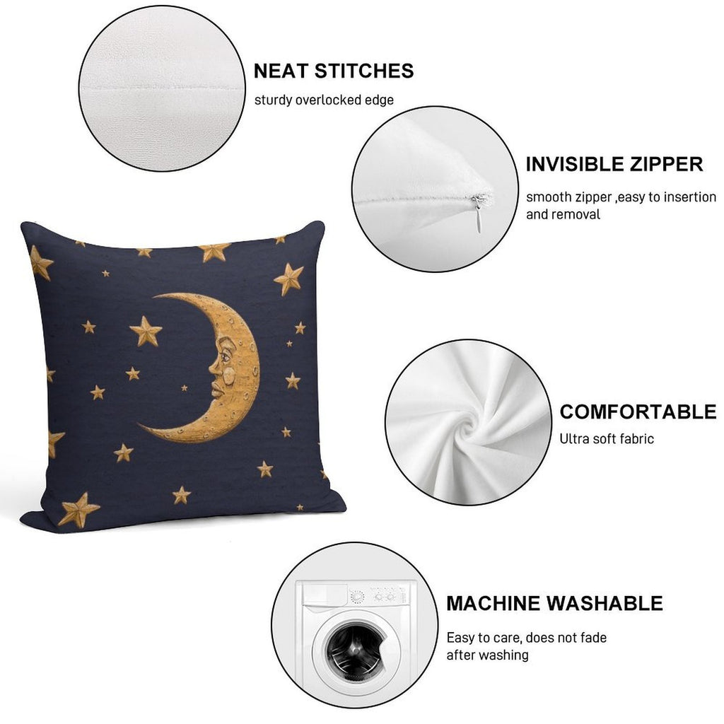Vintage Gold Moon And Stars on Blue Soft Skin-Friendly Throw Pillow