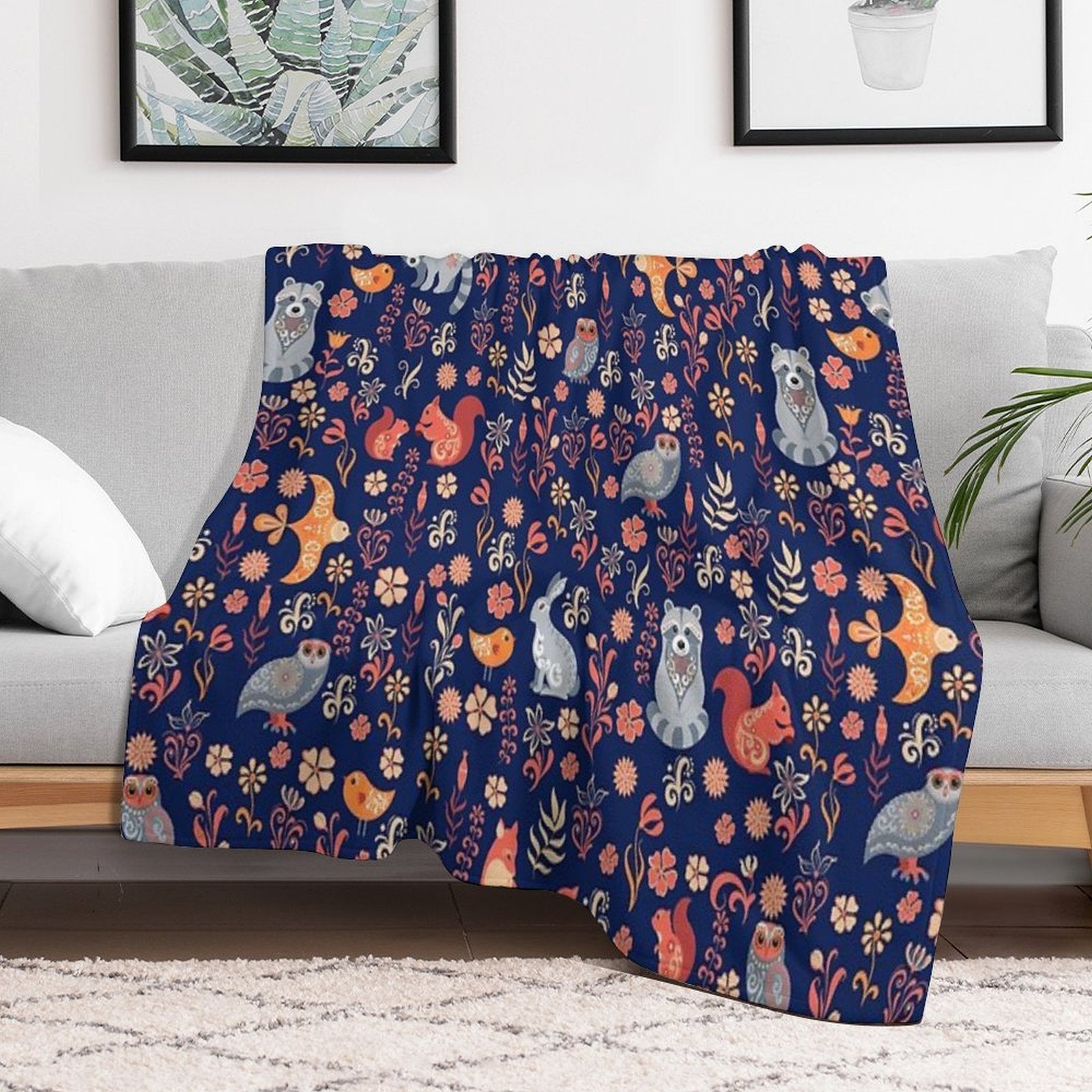 Fairy-tale Forest. Fox, Bear, Raccoon, Owls, Rabbits, Flowers And Herbs on A White Background. Seamless Pattern. Wrinkle-free Throw Blanket