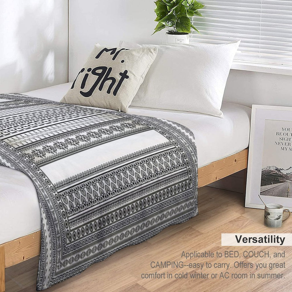 Greek Key Border Cream White Black Floral Premium Throw Blanket