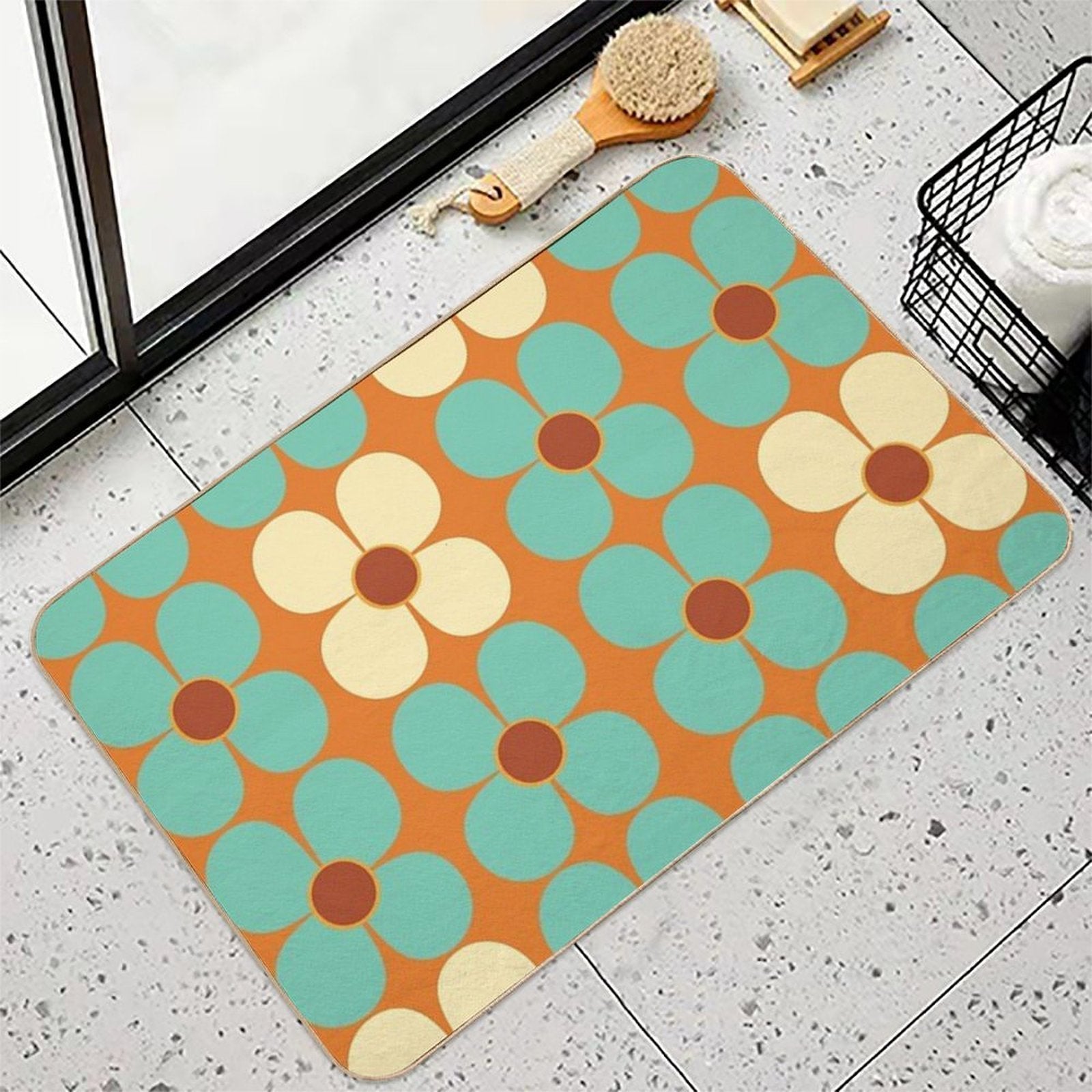Retro Land Flower Power Blue And Cream  Anti-Trip Bath Mat