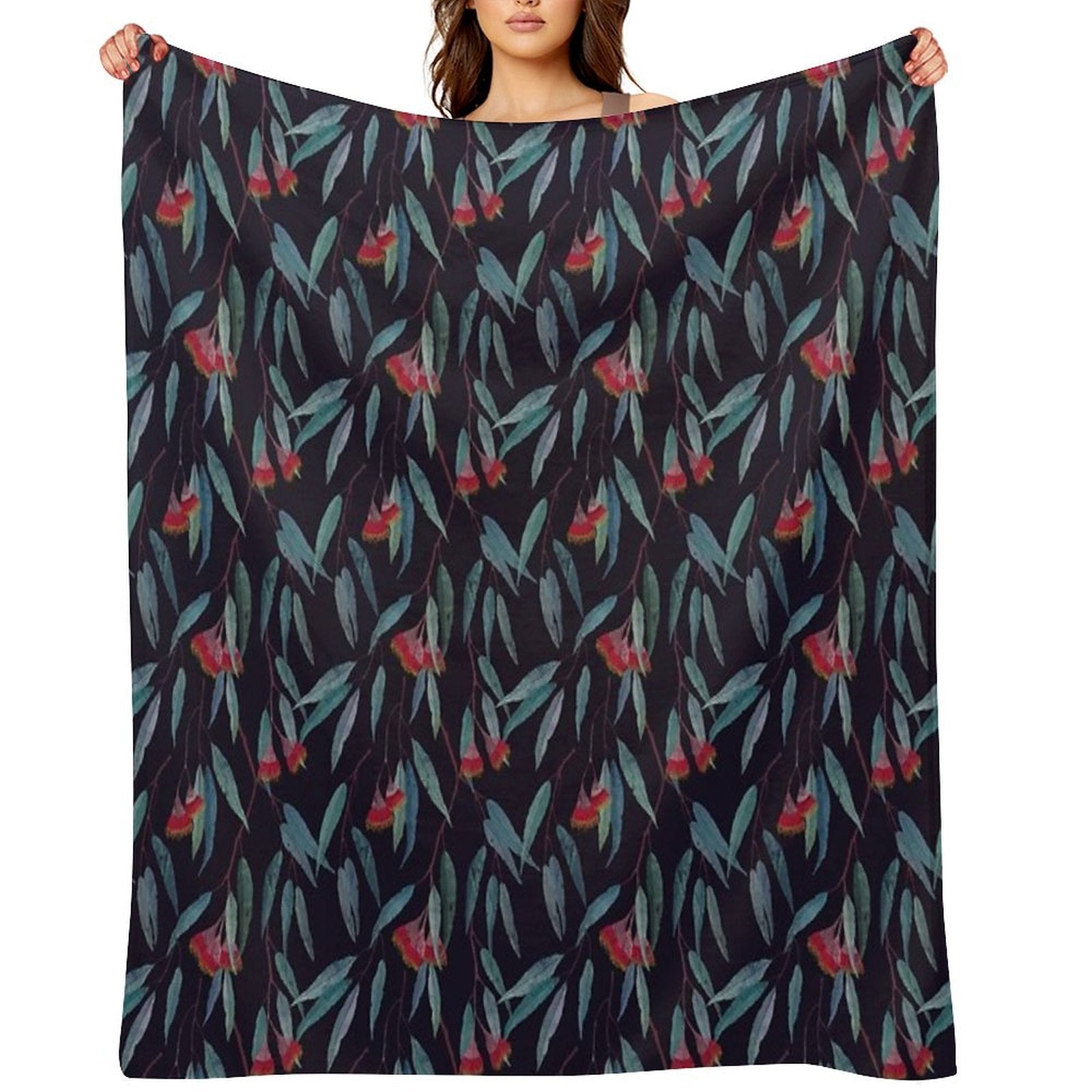 Eucalyptus Leaves And Flowers on Dark Shrink-resistant Throw Blanket