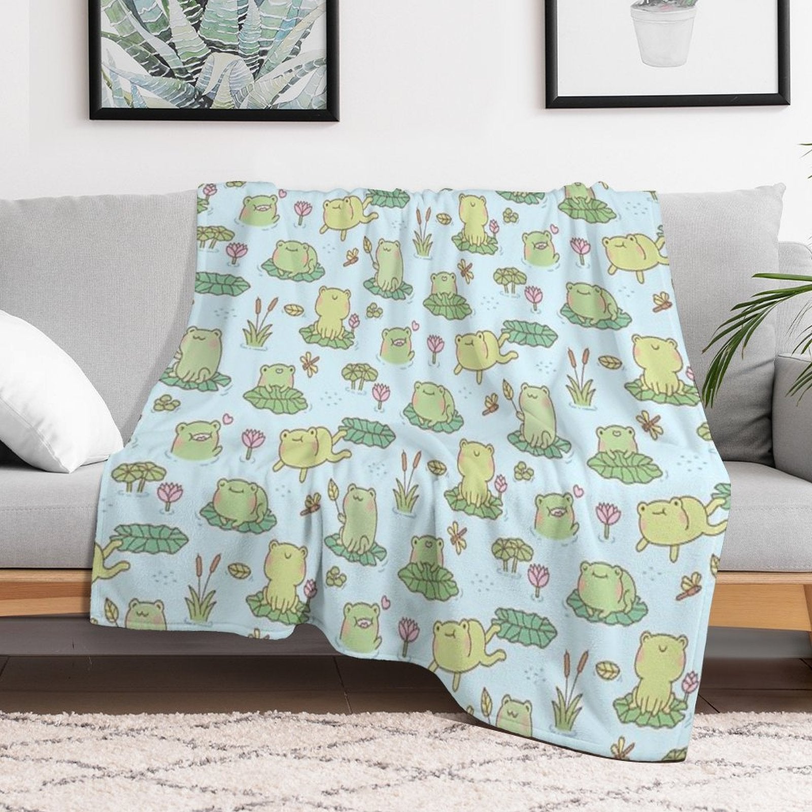 Cute Frogs And Dragonflies Pond Pattern Shrink-resistant Throw Blanket