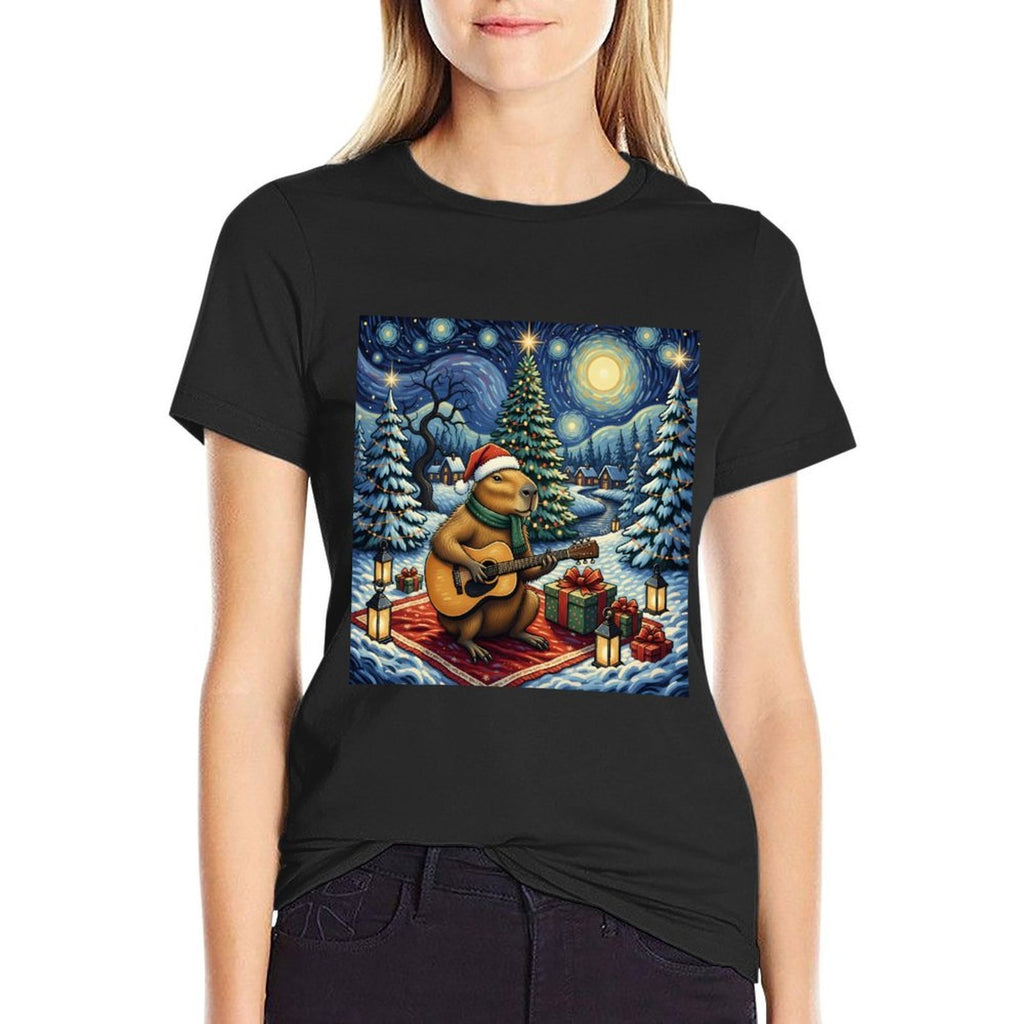 Capybara Playing The Guitar Van Gogh Style Christmas Themed  Relaxed-fit T-Shirt