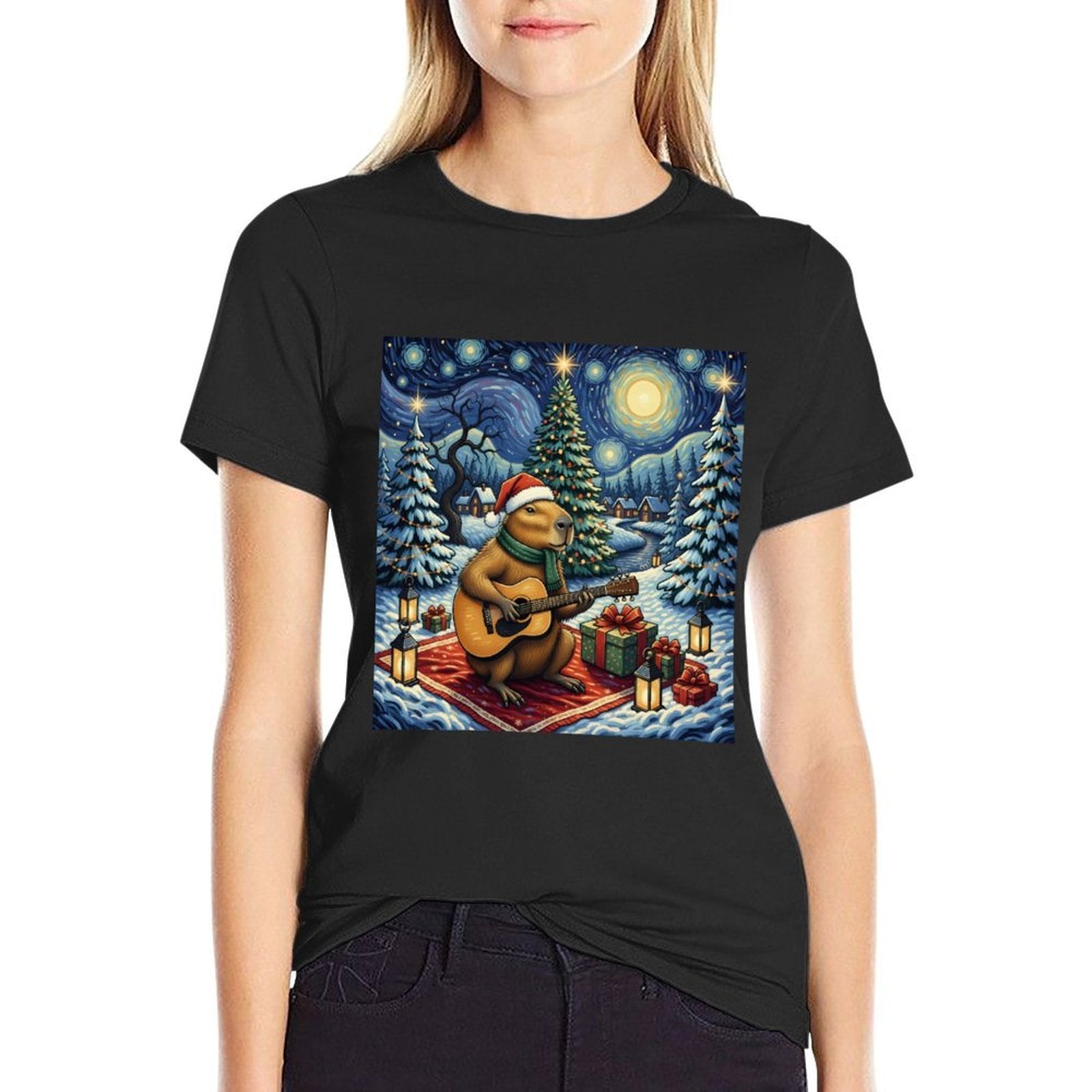 Capybara Playing The Guitar Van Gogh Style Christmas Themed  Relaxed-fit T-Shirt