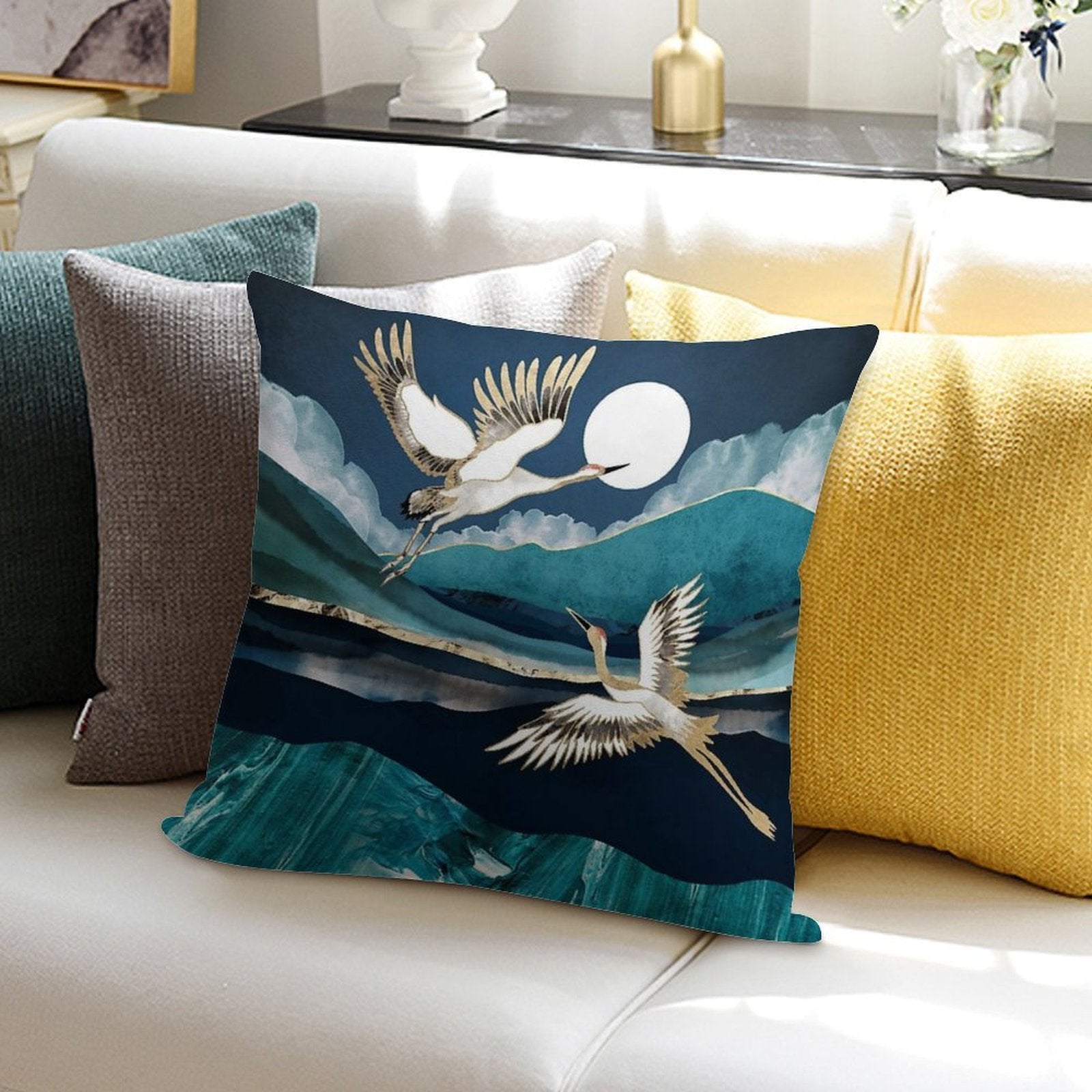Midnight Cranes Soft Fade-Resistant Throw Pillow
