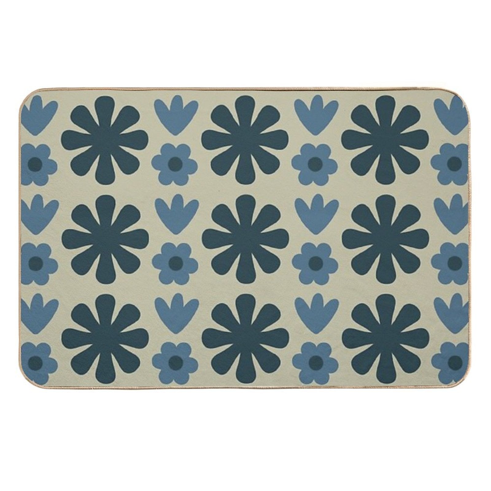 Scandi Floral Grid Retro Pattern in Vintage Blue And Beige  Absorbent Bath Mat