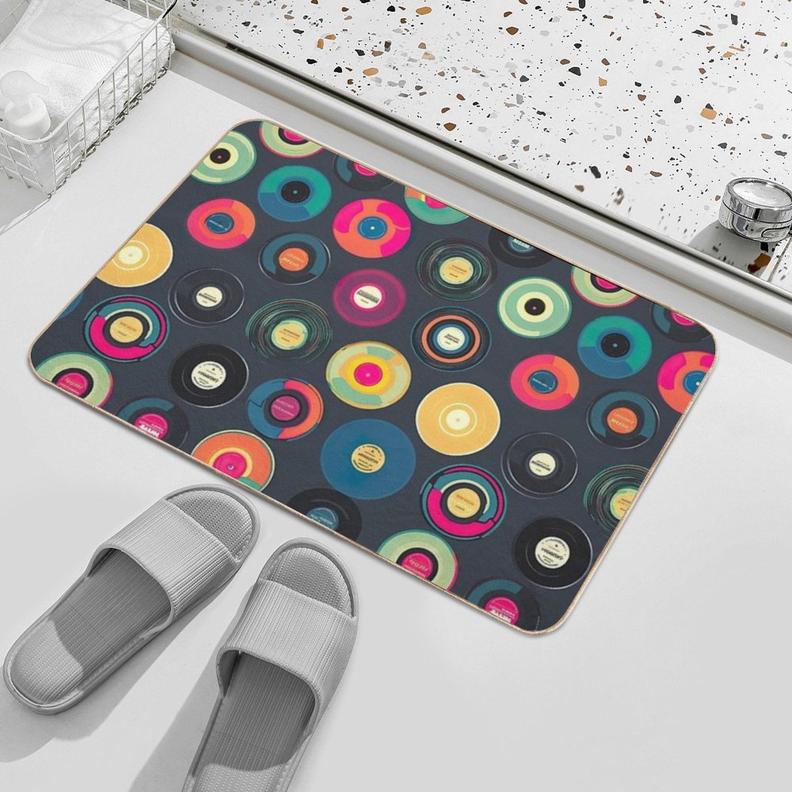 Retro Vinyl Records Print  Long-Lasting Bath Mat