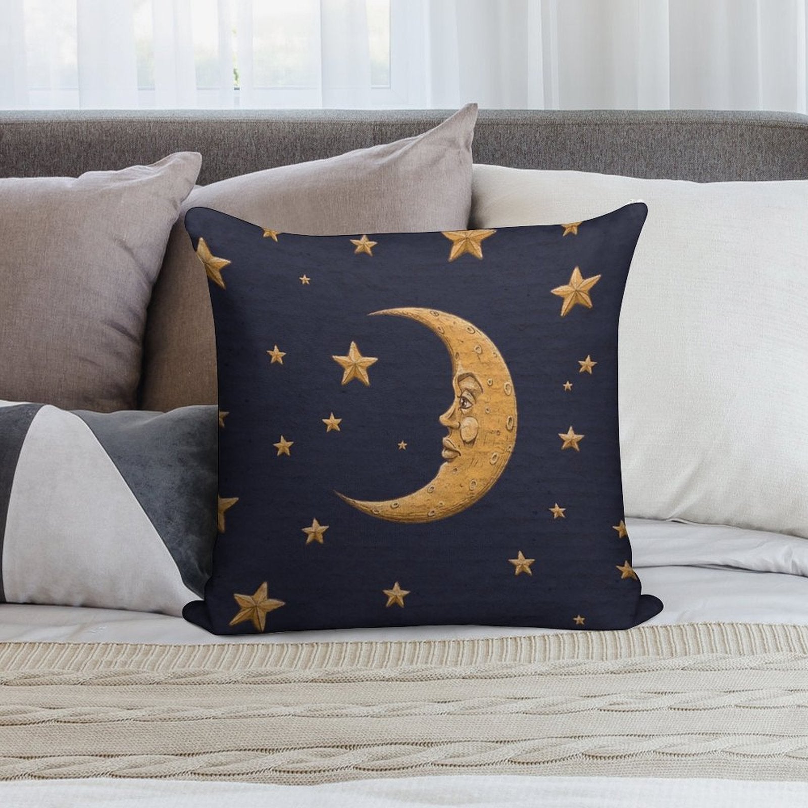 Vintage Gold Moon And Stars on Blue Soft Skin-Friendly Throw Pillow