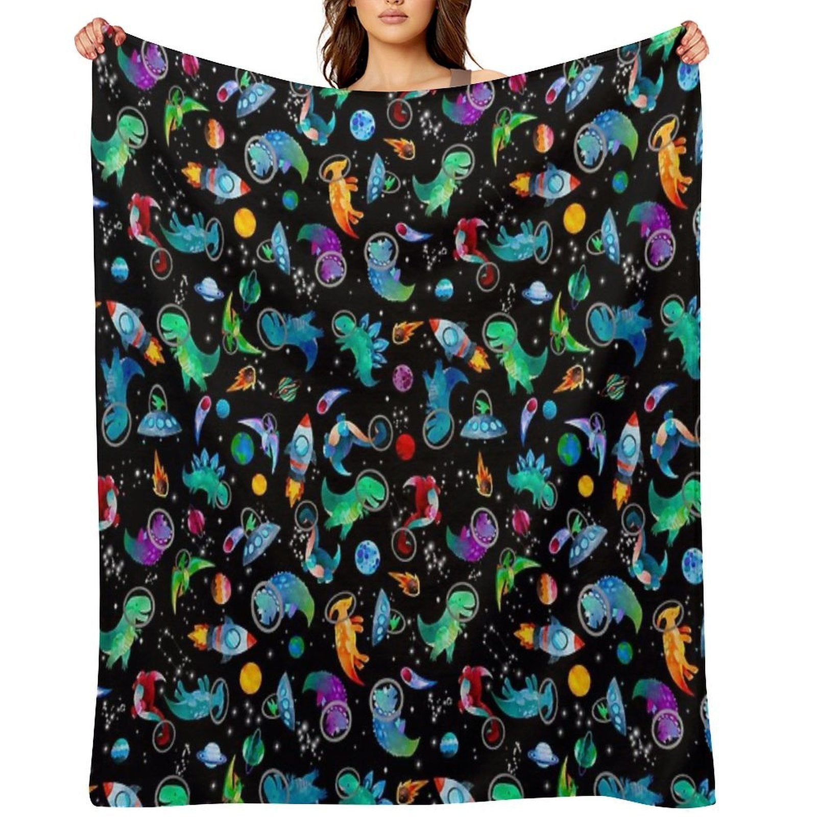 Watercolor Space Dinosaurs Galaxy Pattern Compact Throw Blanket