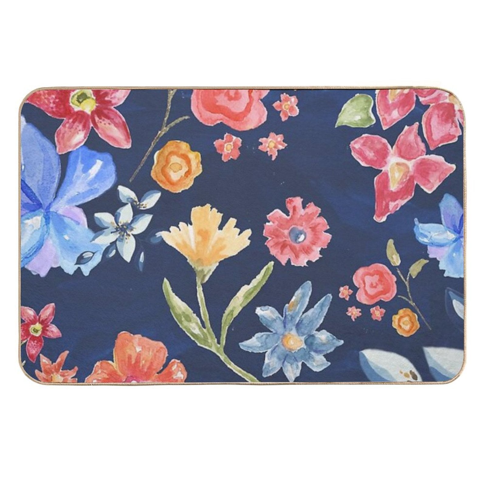 Navy Blue with Colorful Flowers  Whimsical  Fun  Floral Design  Repositionable Bath Mat