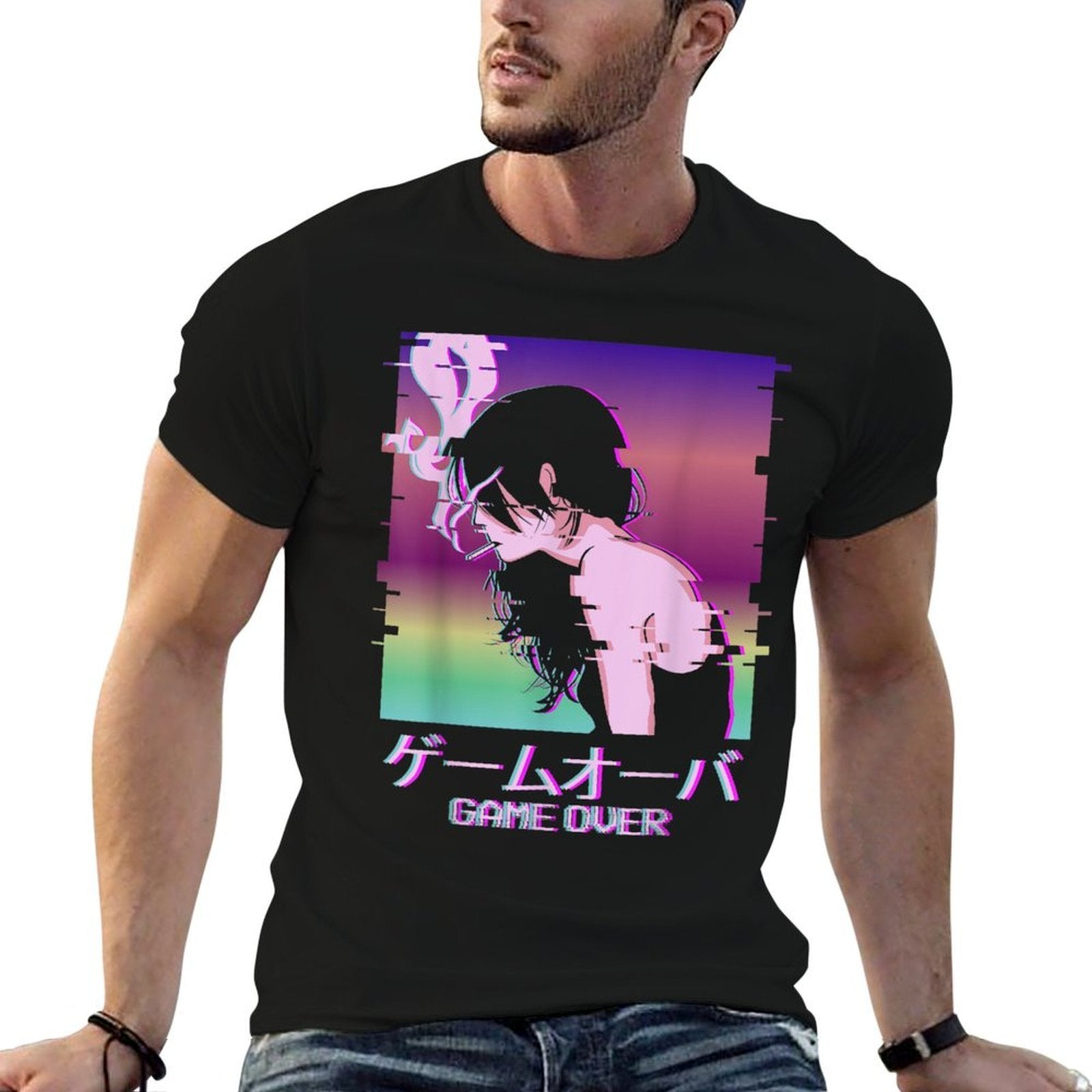 Japanese Vaporwave Sad Anime Girl Game Over Indie Aesthetic  Graphic-printed T-Shirt