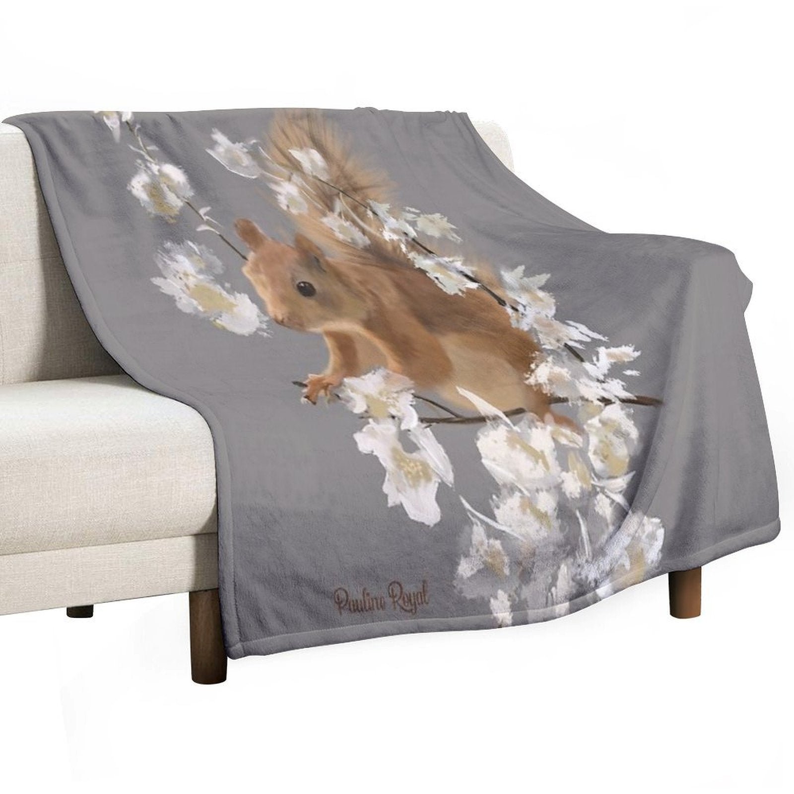 Nature Illustration of Red Squirrel And White Flowers in Springtime! Quick-dry Throw Blanket