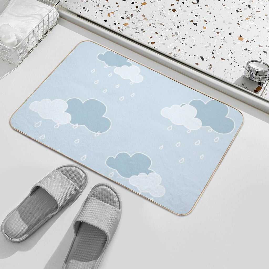 Clouds with Rain Drop Blue Background  Easy To Clean Bath Mat