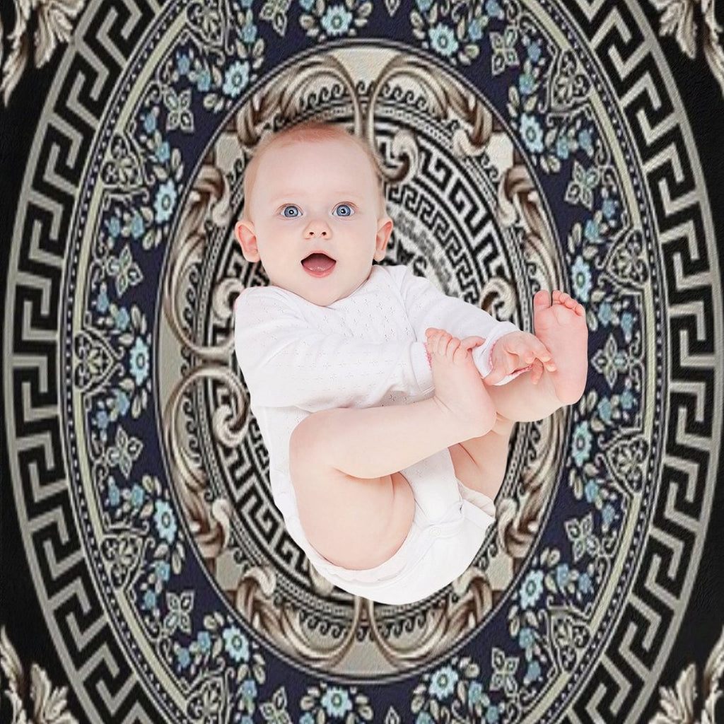 Greek Key Meander Cream Blue Black Medallion Ornate Baroque Versatility Throw Blanket