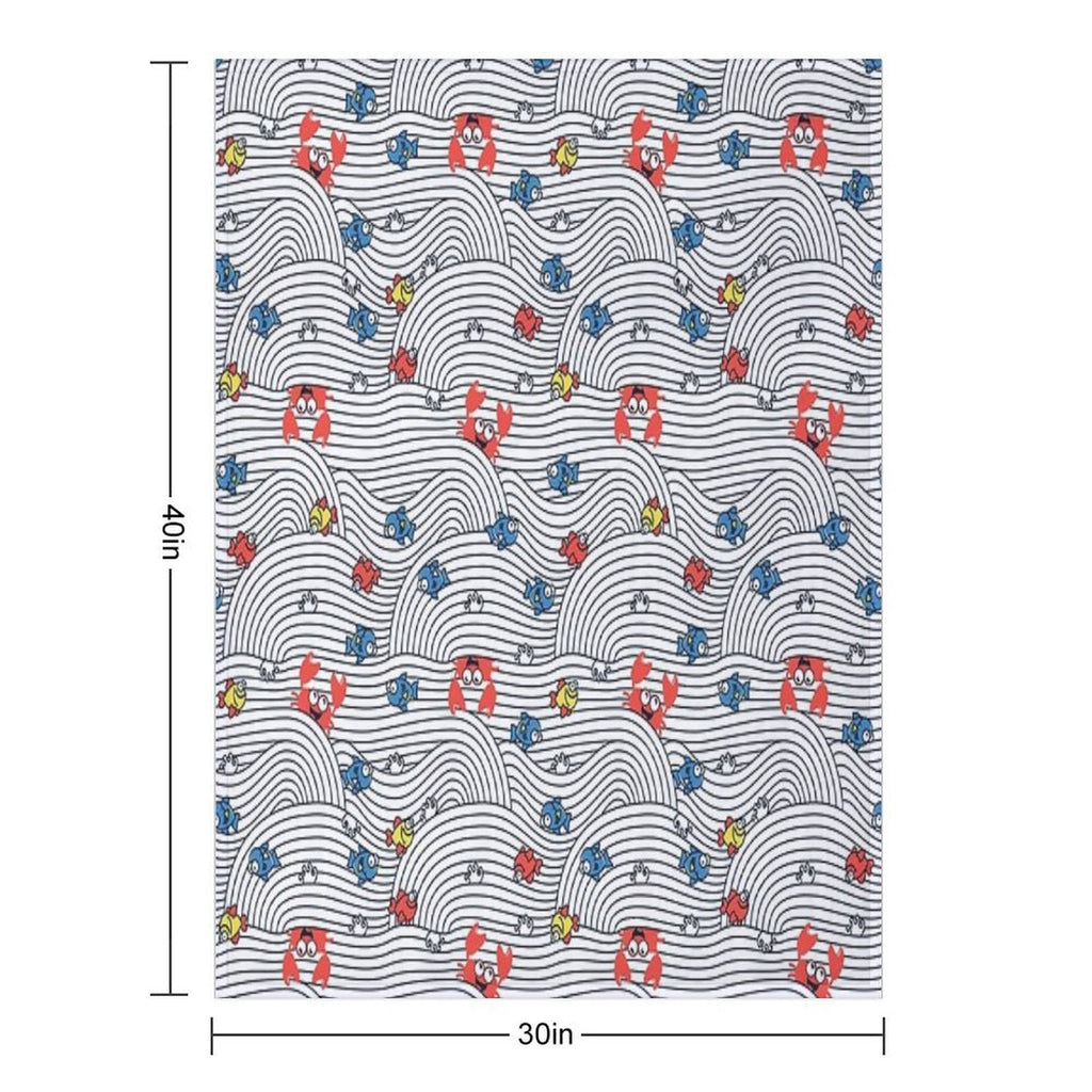 Grafic Waves from Stripes with Fish And Crabs. Sea Seamless Pattern. Premium Throw Blanket