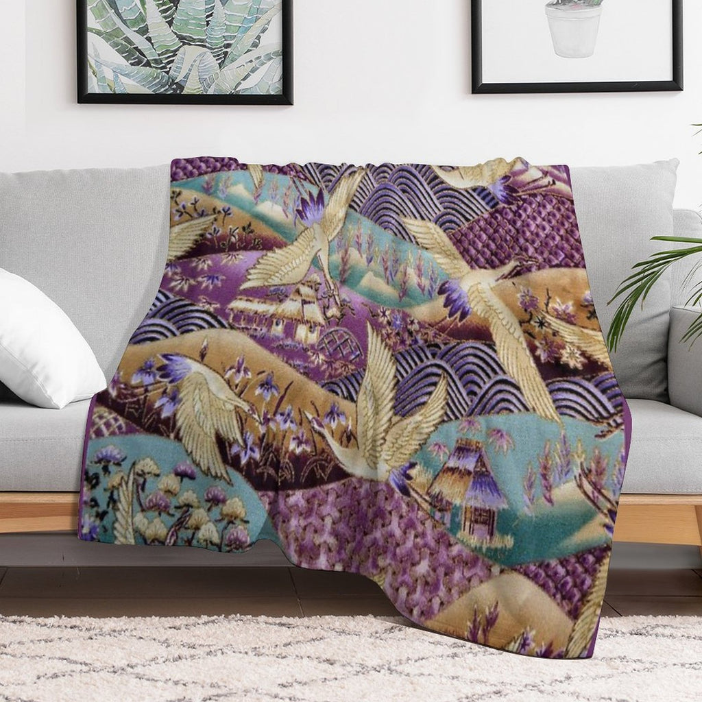 Japanese Crane Kimono Style Embroidered Pattern Eco-conscious Throw Blanket