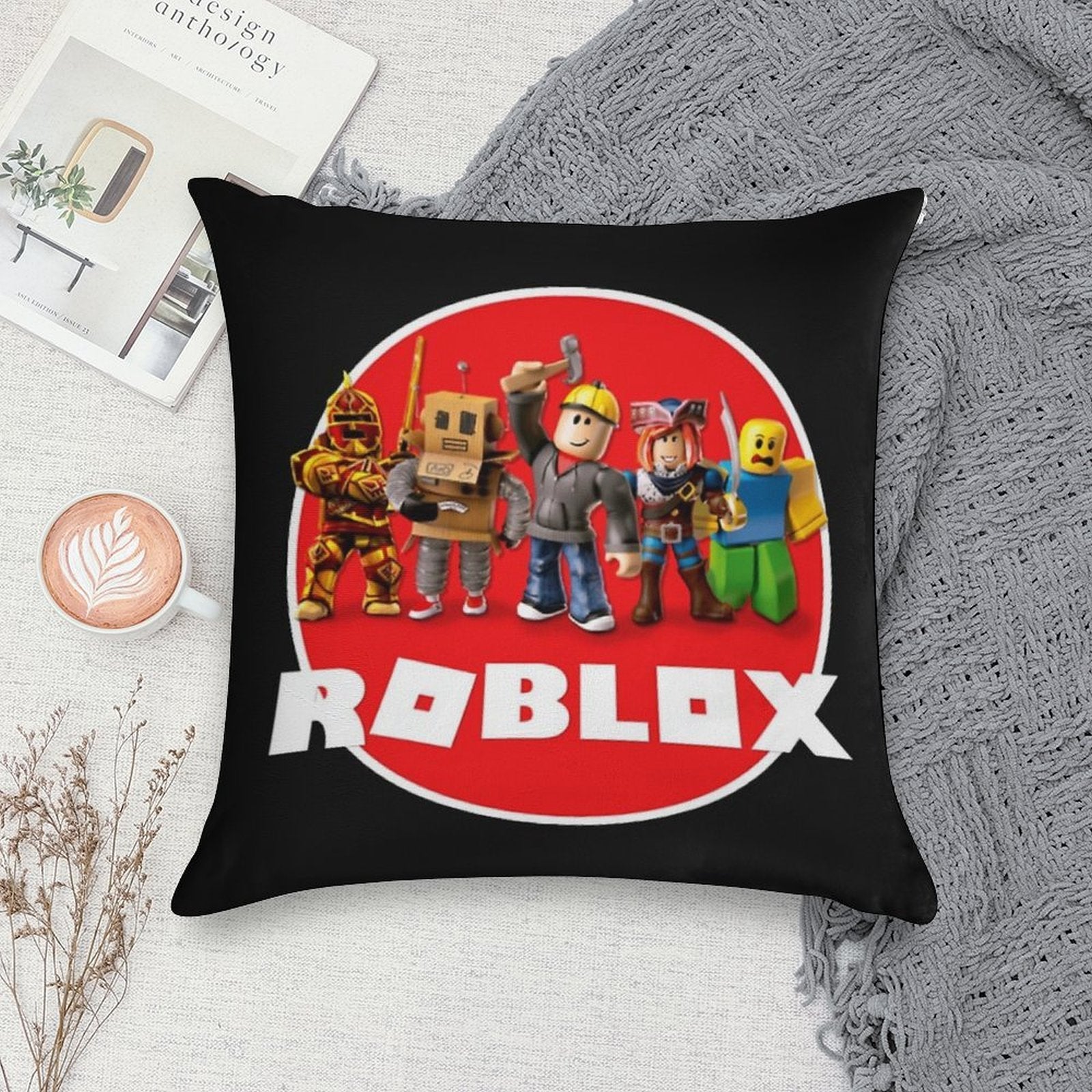 Roblox All Characters,roblox Logo Soft Shrink-Resistant Throw Pillow