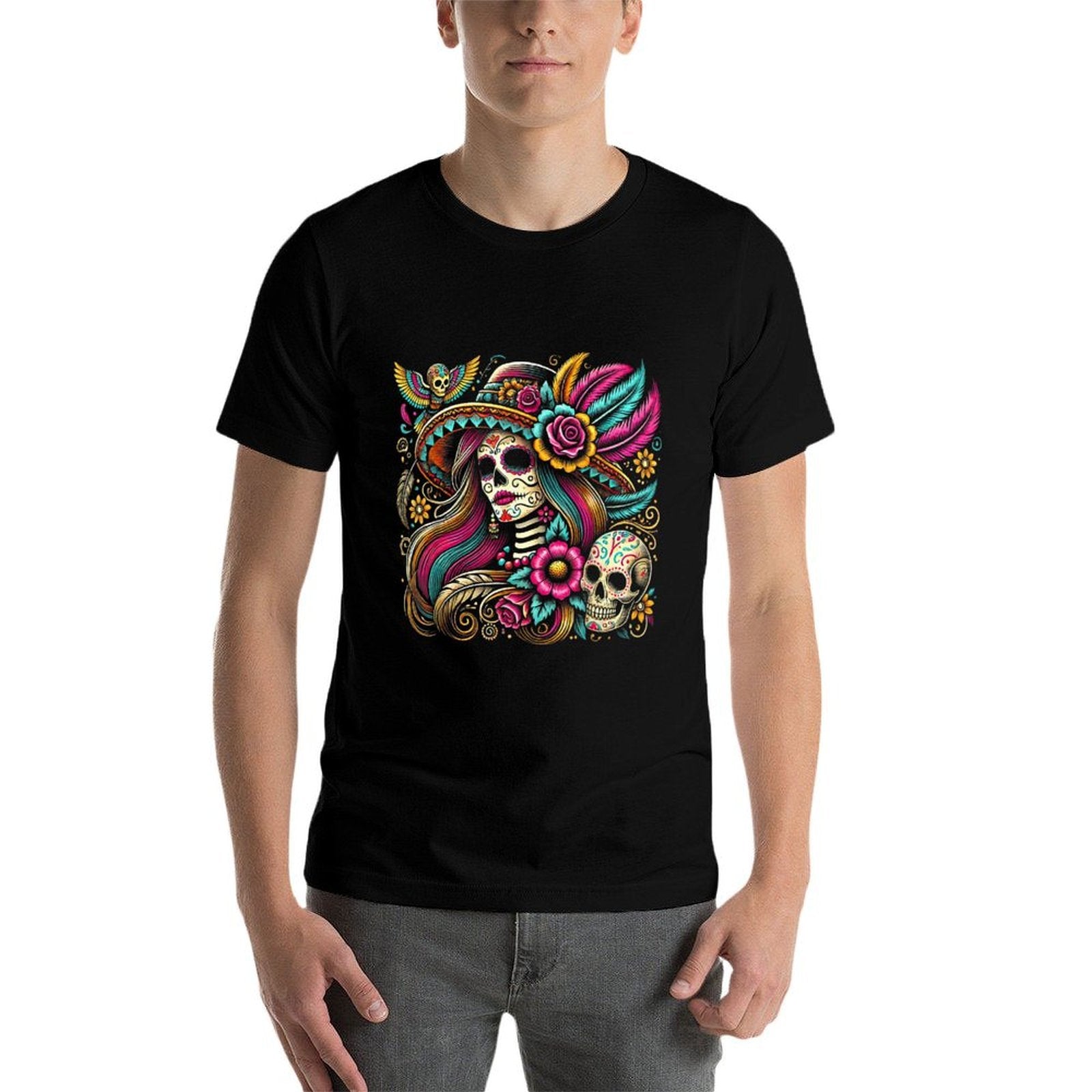 Sugar Skull Festival Art Colorful Mexican Skeleton Design  Oversized Silhouette T-Shirt