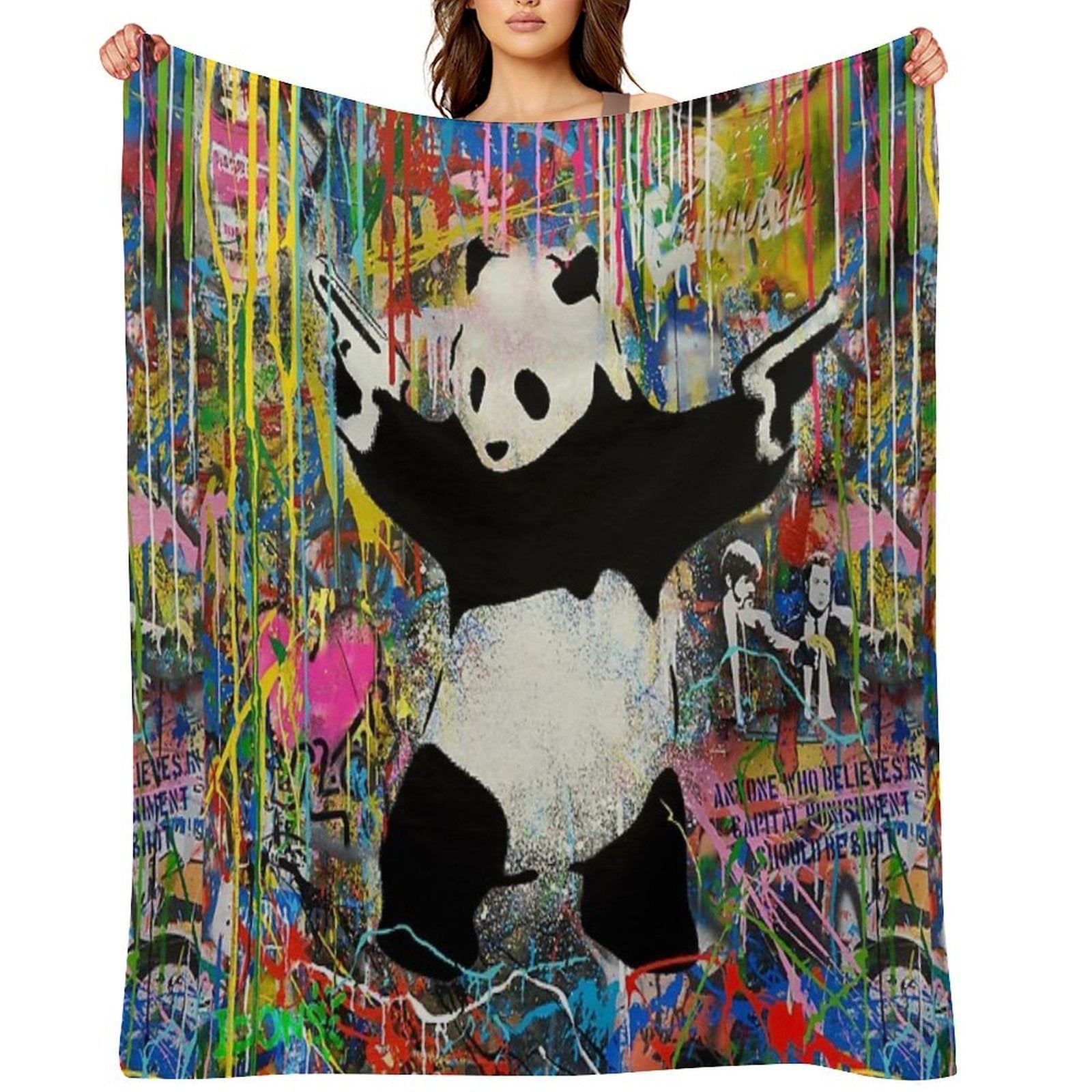 Panda With Guns Stick Em Up - Pop Street Art Banksy Lightweight Throw Blanket