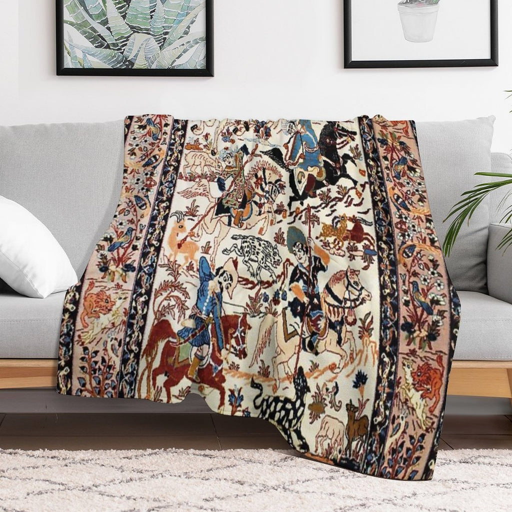 Blue Antique Persian Isfahan Silk Rug with Flowers Animals Print Quick-dry Throw Blanket