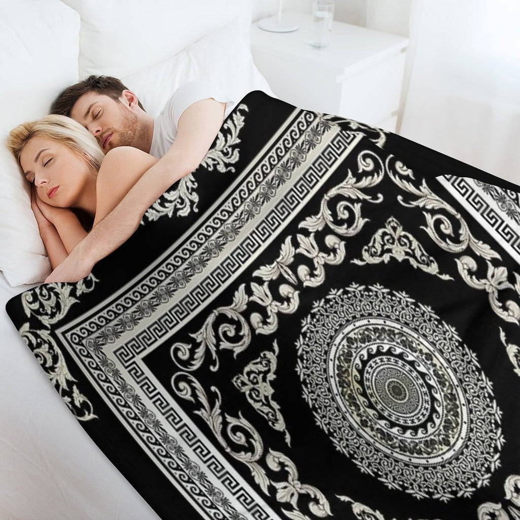 Ornate Greek Key Meander Black Cream  Medallion Comfort Throw Blanket