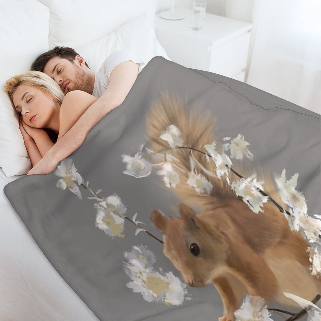Nature Illustration of Red Squirrel And White Flowers in Springtime! Quick-dry Throw Blanket