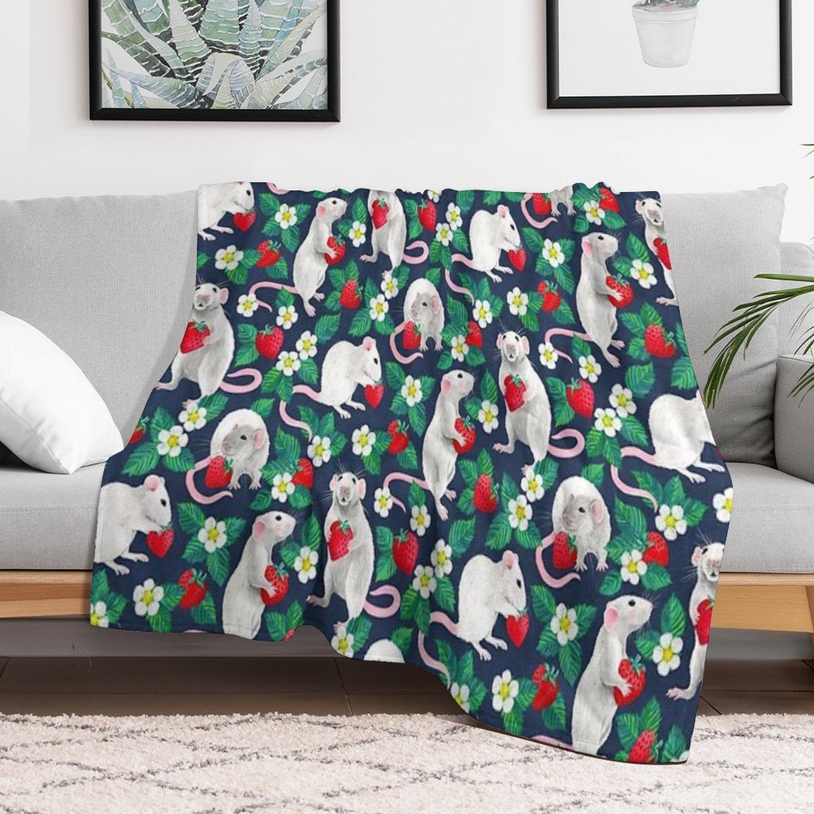 Rats Love Strawberries on Navy Blue Eco-conscious Throw Blanket