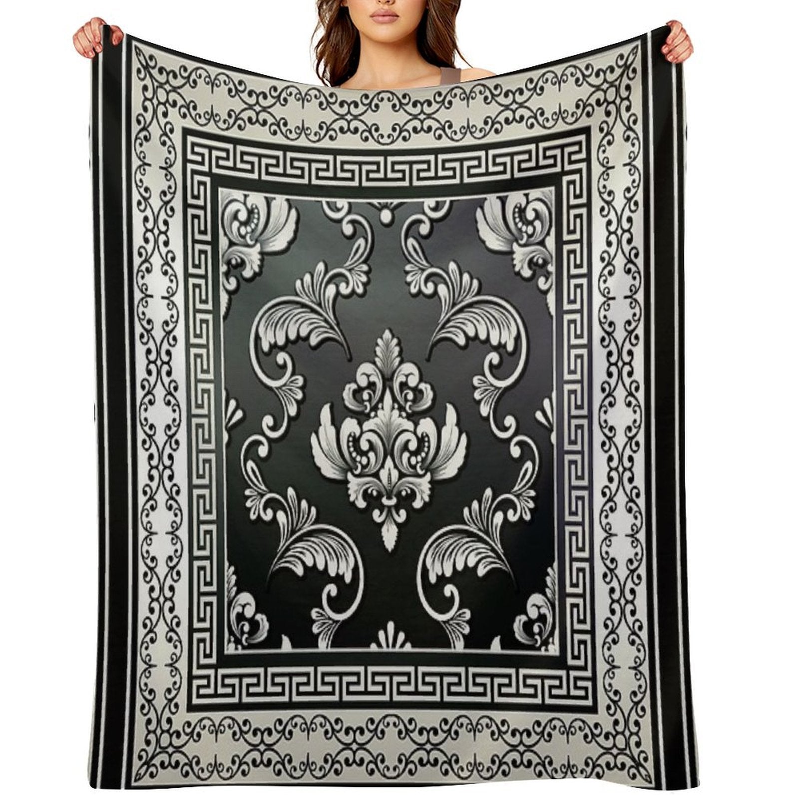Greek Key Black And Cream Floral Pattern Travel-friendly Throw Blanket